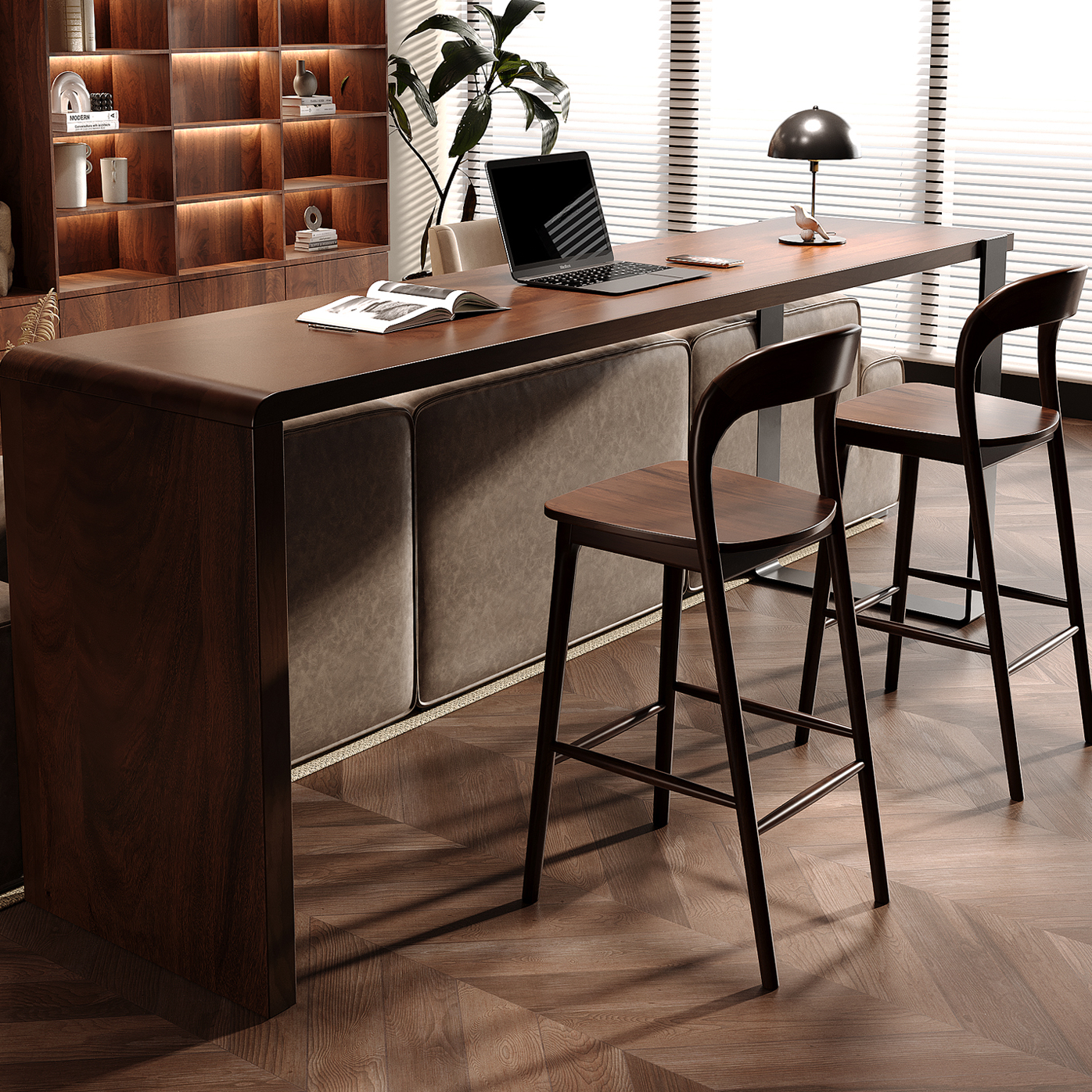 Classic Bar Table with Pine Wood Top and Twin Pedestal Base in Cocoa Rectangle