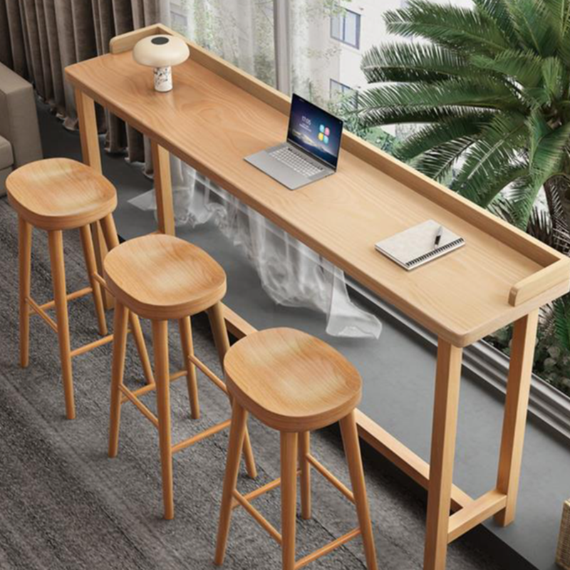 Casual Rectangle Wood Pub Table with Wood Grain Trestle Base and Leg Rest