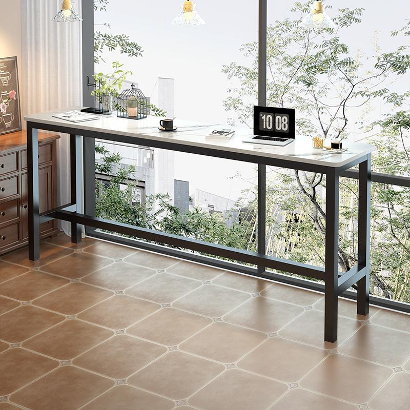 Classic Bar Table with Pebble Top and Trestle Base in White, Scratch-shielded Rectangle with Foot Platform