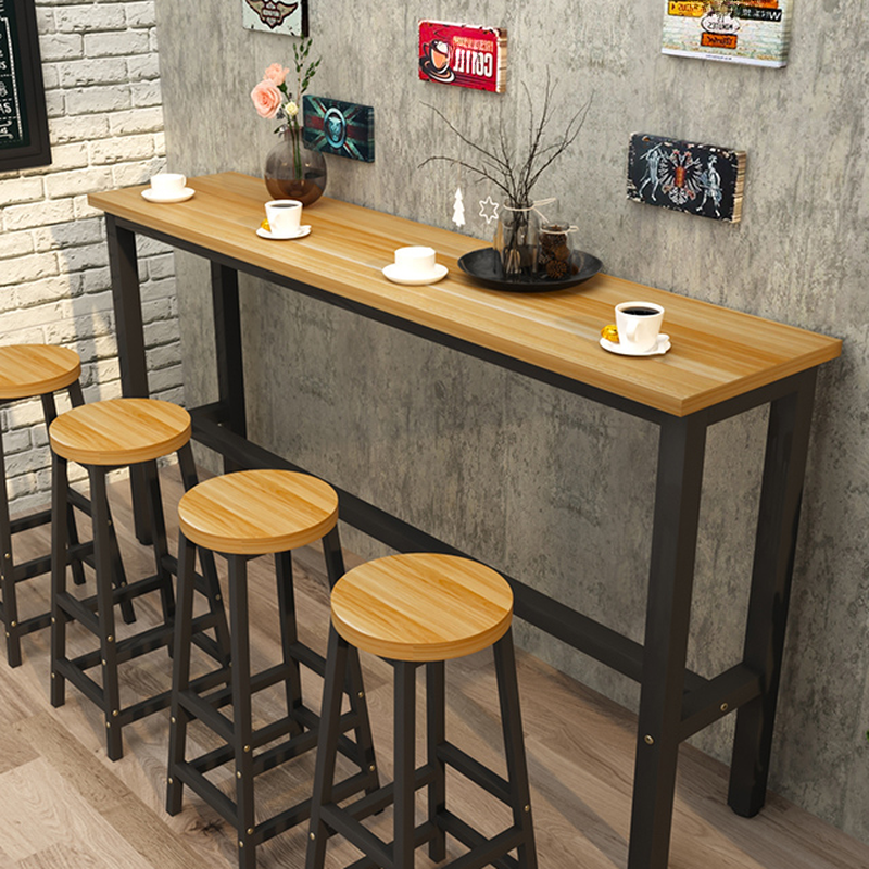 Classic Bar Table with Engineered Wood Top and Trestle Base in Wood Grain, Scratch-shielded Rectangular Shape with Foot Platform