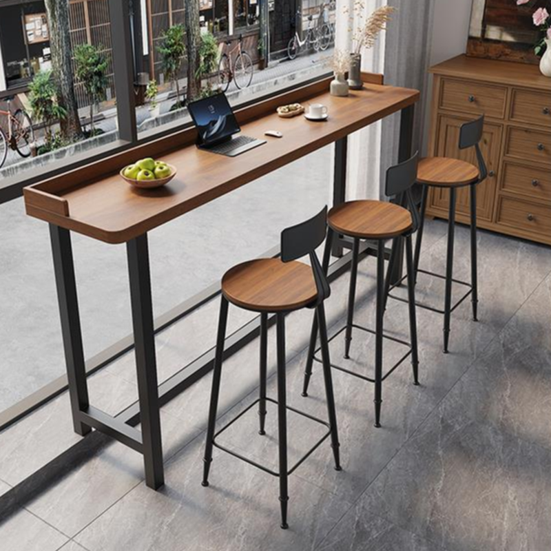 Classic Timber Bar Table with Trestle Base in Cocoa, Rectangular Top with Foot Platform