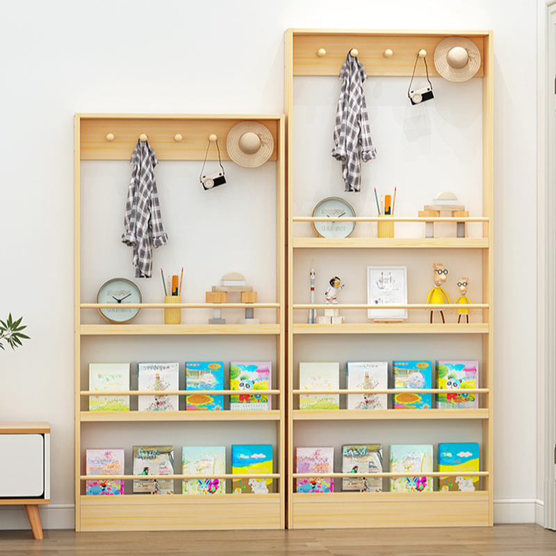 Natural Finish Trendy Multi-Tier Cabinet Storage Shelf Rack with Pine Wood Frame and Hooks