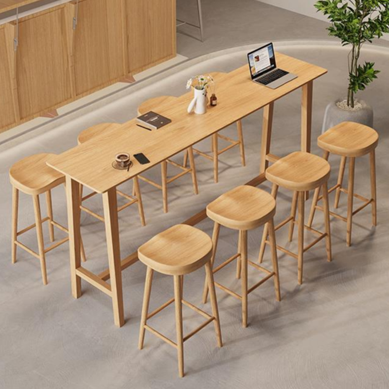 Classic Bar Table with Trestle Base, Pine Wood, Seats 8, Wood Grain Rectangle with Foot Platform