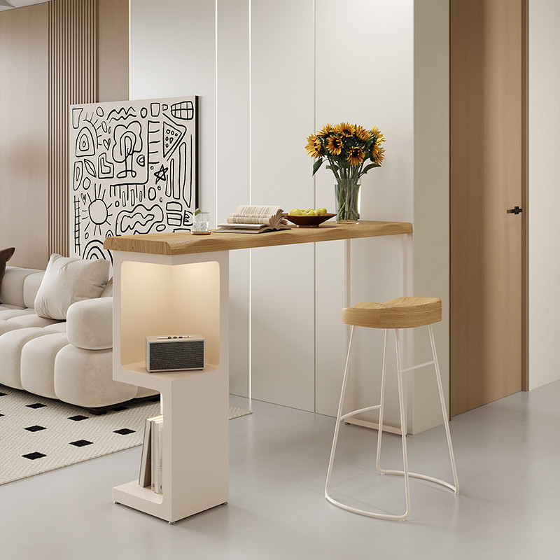 Classic Timber Bar Table with Twin Pedestal Base, Wood Grain Finish, and Stockroom Storage in Rectangle Shape