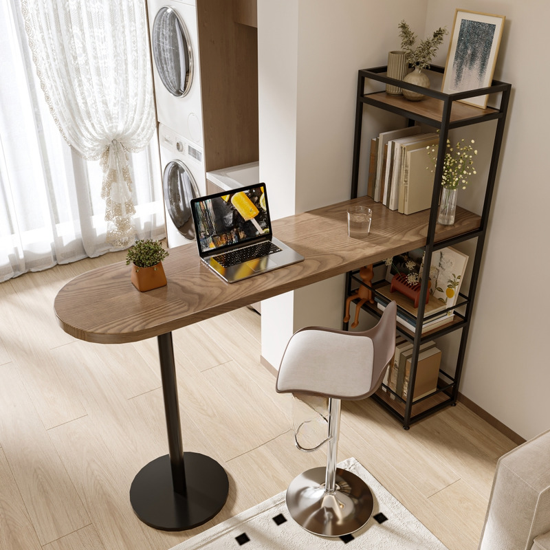 Bar Table with Immobile Pedestal Base, Ash/Pine Wood Top in Cocoa Free Form Design