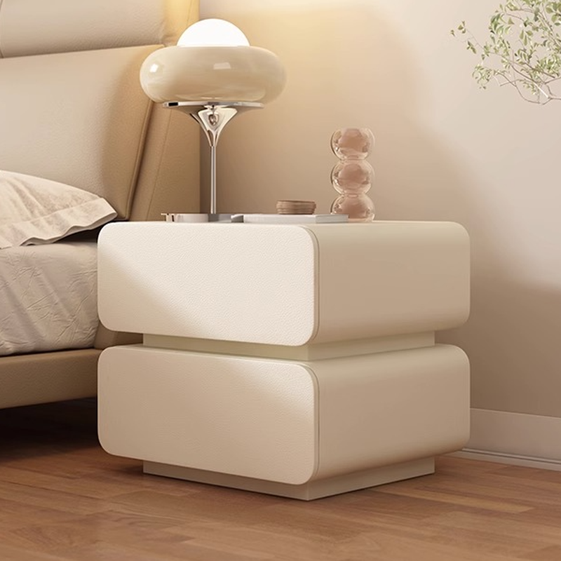 Contemporary 2 Tiers Drawer Storage Bedside Table with Artificial Leather Countertop