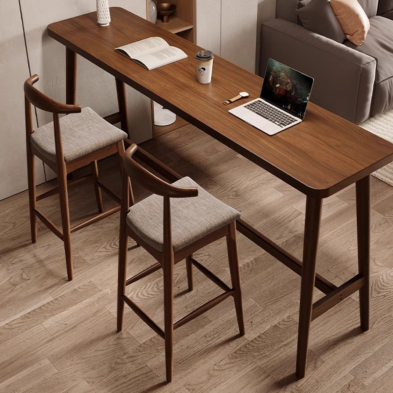 Classic Bar Table with Pine Wood Top, Trestle Base, Cocoa Finish, Rectangular Shape, and Foot Platform