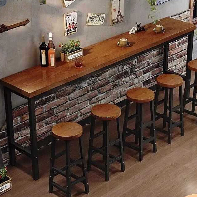 Classic Timber Bar Table with Trestle Base, Cocoa Rectangle Top, and Foot Platform