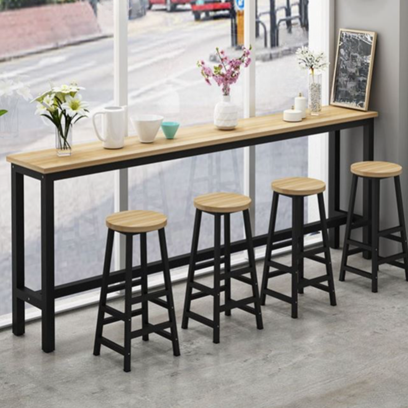 Classic Engineered Wood Pub Table with Trestle Base in Light Gray/Yellow/Wood Grain Rectangle with Foot Platform