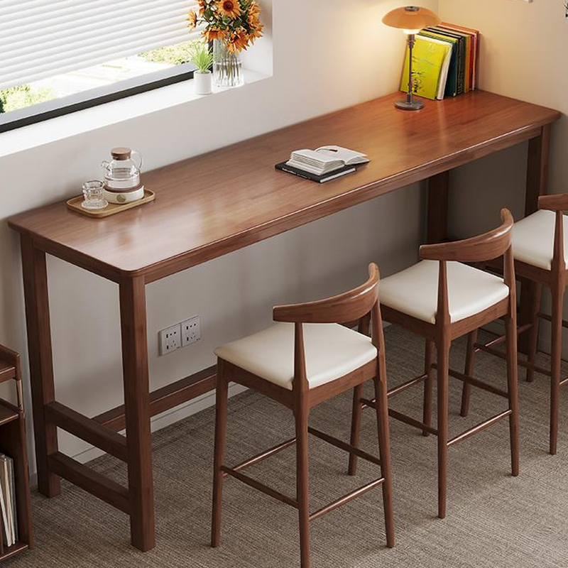 Classic Bar Table with Natural Wood Trestle Base, Gray/White/Wood Grain Rectangle Top and Foot Platform