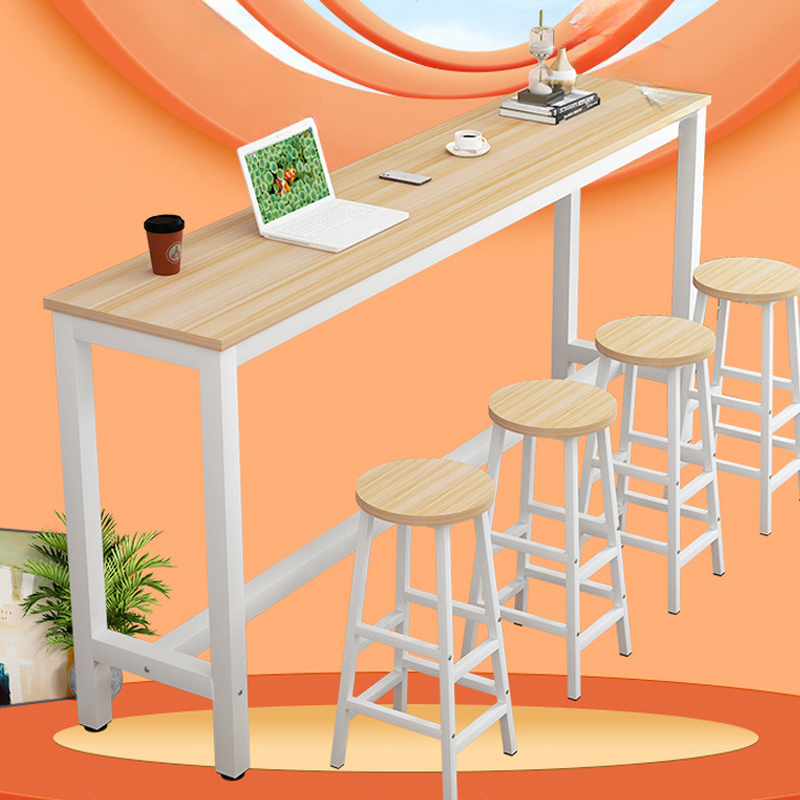 Classic Pub Table with Engineered Wood Top and Trestle Base, Tan/Wood Grain Rectangle Design with Foot Platform