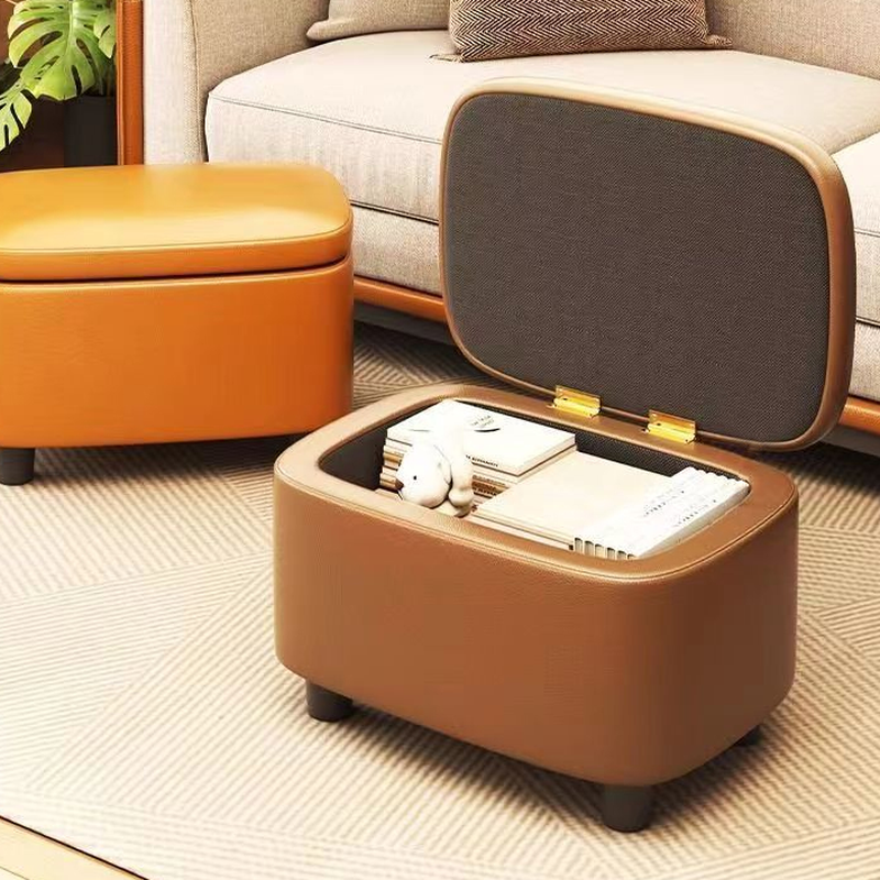 Modern Simple Style Rectangular Solid Colour Standard Ottoman with Artificial Leather Upholstery in Dark Blue/Amber Colour/Ivory