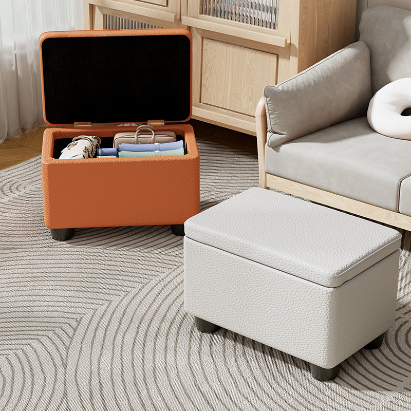 Modern Simple Style Rectangular/Square Solid Colour Standard Ottoman/Cube Ottoman in Artificial Leather with Light Gray/White/Cerulean and Storage Container