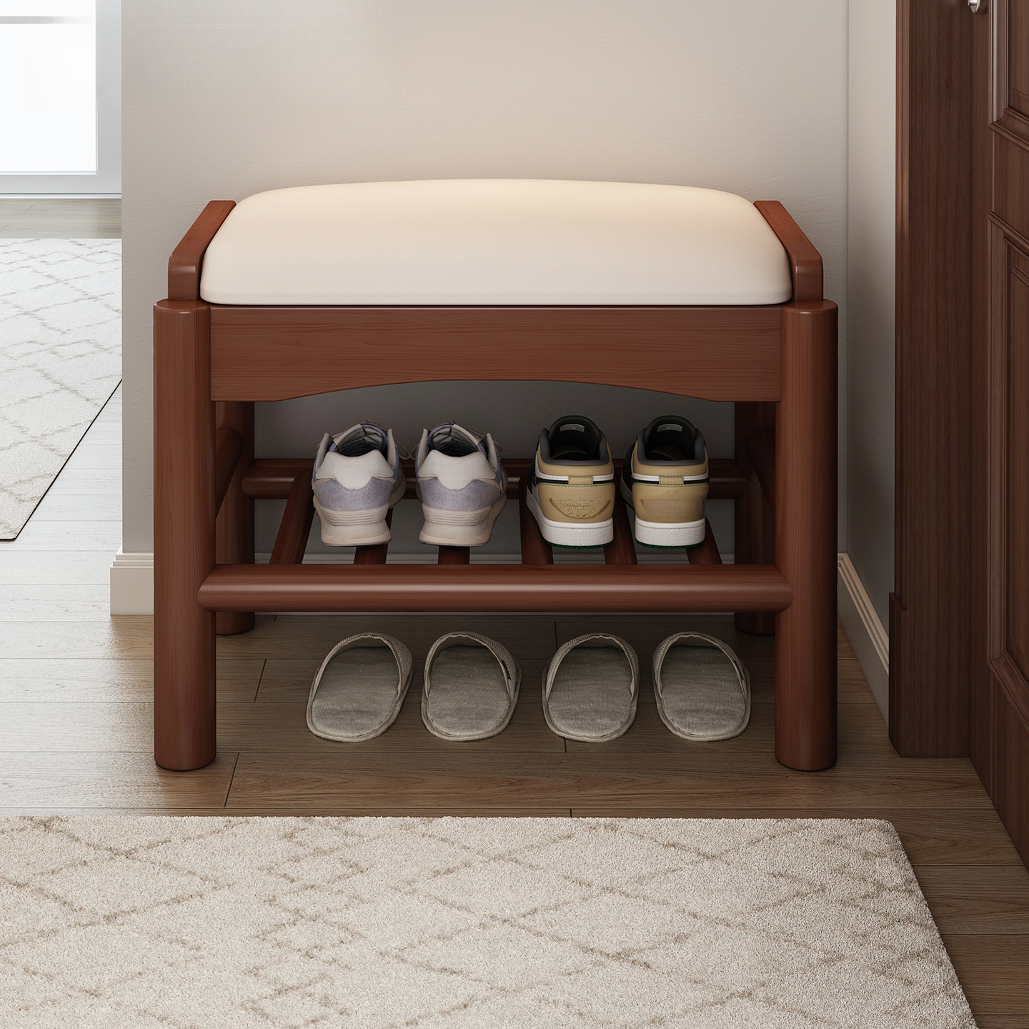 Modern Simple Style Rectangular Solid Colour Storage Ottoman in Artificial Leather with White/Auburn Upholstery and Container