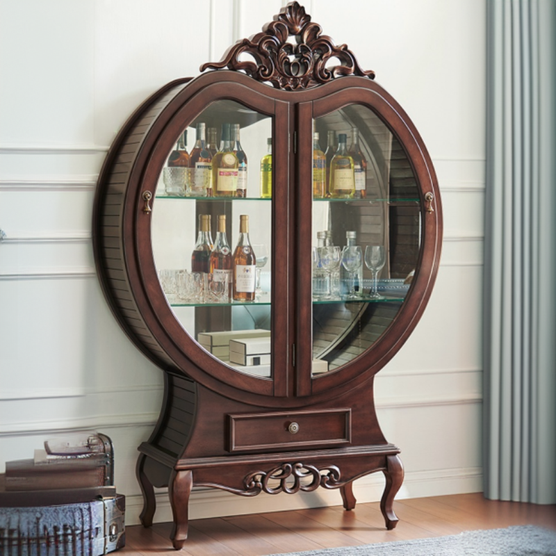 Floor Wine Cabinet with Glass Rack Shelf, Drawers, and Gate Doors