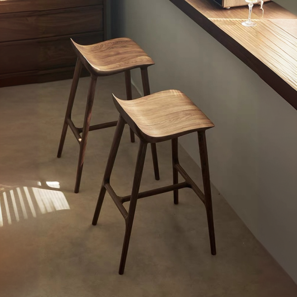 Art Deco Natural Wood Tan Pub Stool with Backrest, Horse Seat, and Foot Support