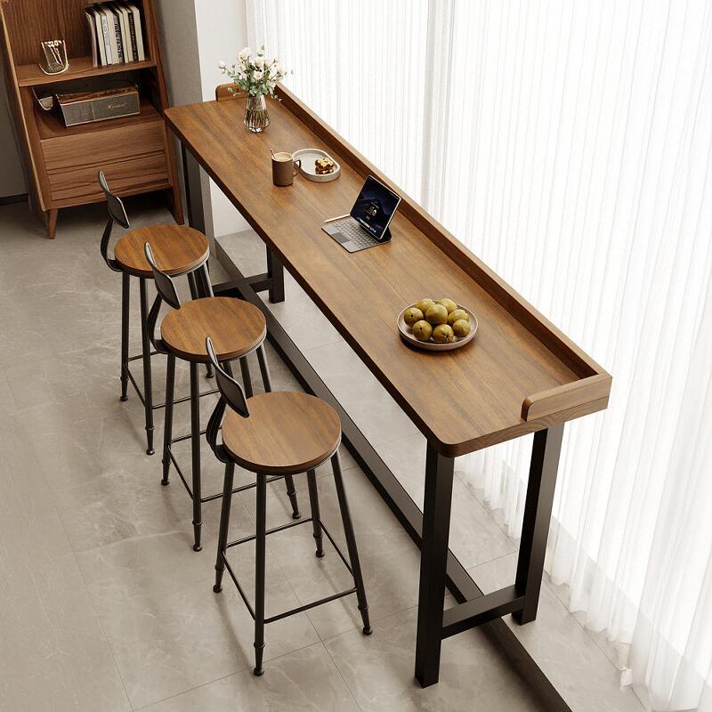 Simplistic Bistro Table with Timber Top and Cocoa Rectangular Design, Featuring Trestle Base and Foot Pedestal