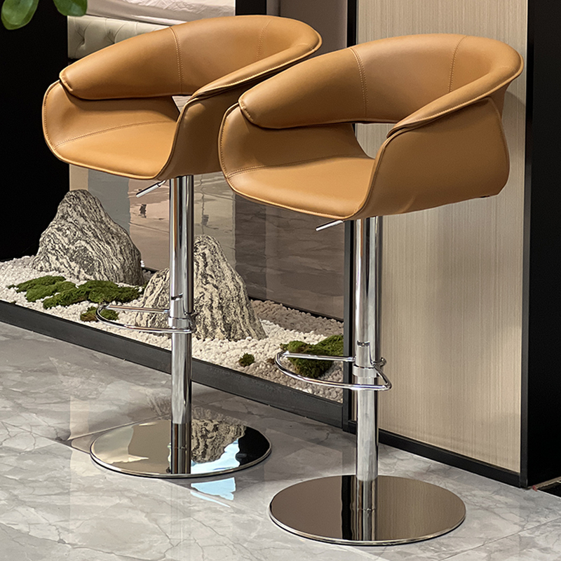 Adjustable Lift Tan Rawhide Pub Stool with Backrest, Arm, Rotatable Pail Seat