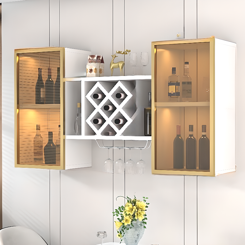 Manufactured Wood Floating Wine Cabinet Display with Nestable Glass Rack Shelf, Stemware Organizer, Open Wine Rack, and Lighted Design