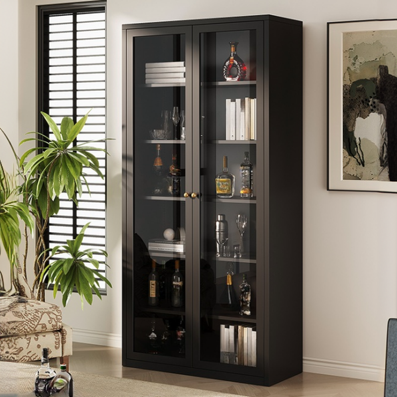 Steel Floor Wine Cabinet Featuring Glass Rack Shelf and Glass Doors