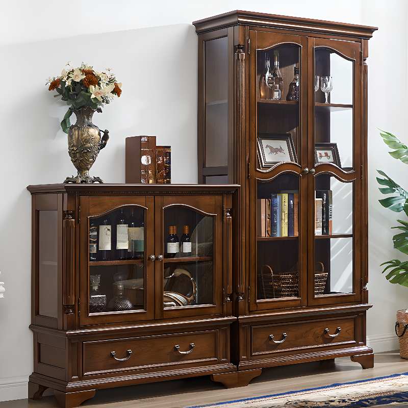 Rustic Floor Wine Cabinet with Glass Rack Shelf, Drawers, and Glass Doors