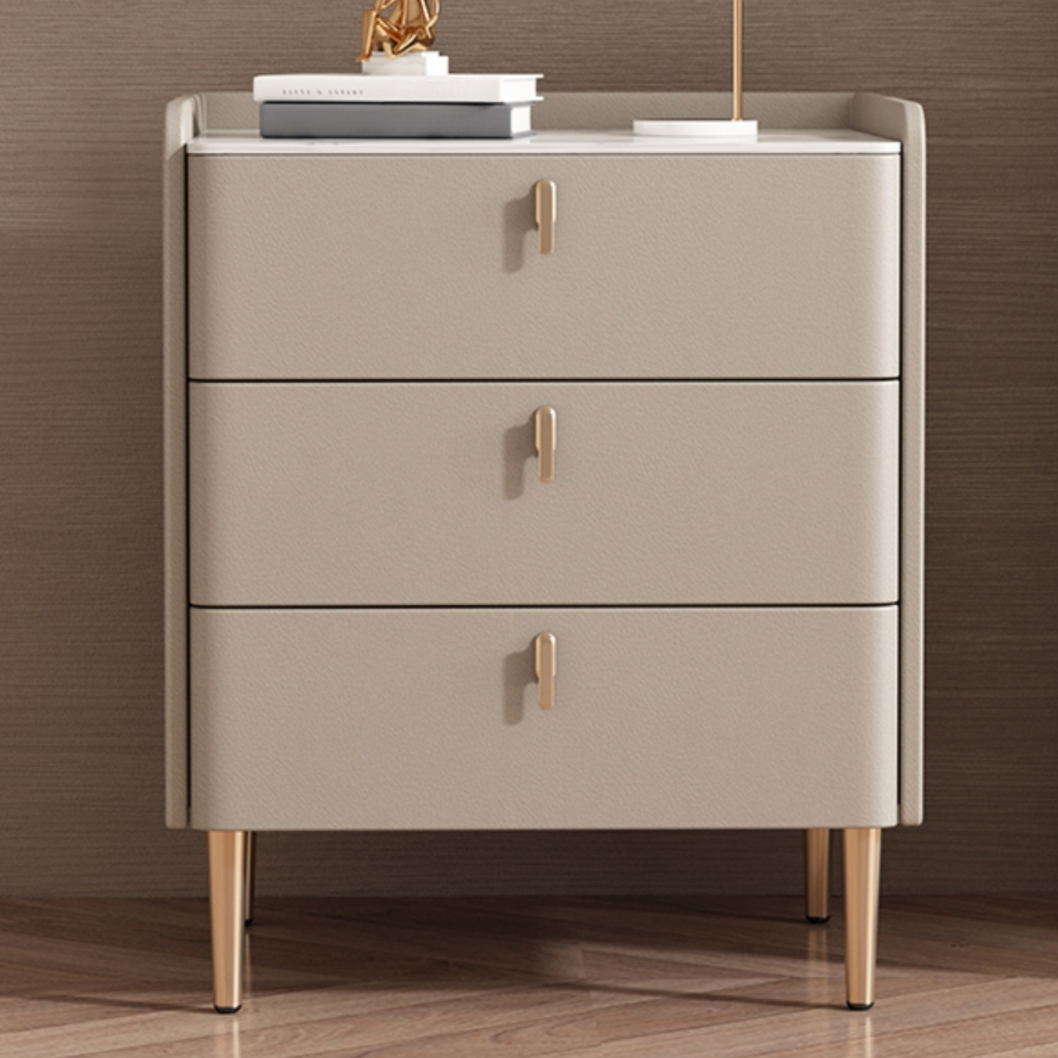 Stylish Drawer Storage Nightstand with 3 Drawers, Stone Countertop, and Leg