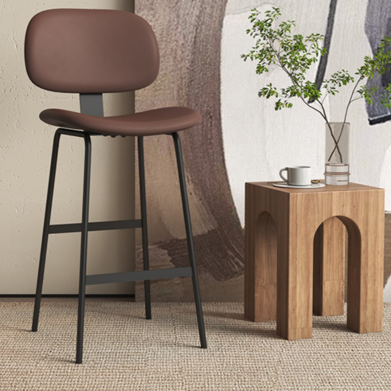 Art Deco Dark Brown Rawhide Pub Stool with Backrest and Horse Seat Featuring Foot Support