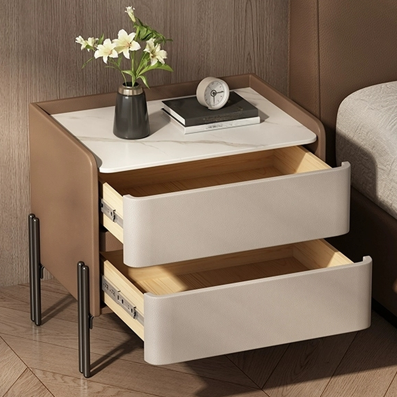 Stylish Drawer Storage Nightstand with 2 Drawers, Stone Countertop, and Leg
