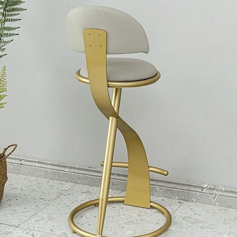 Art Deco Glam Light Gray Rawhide Round Top Pub Stool with Backrest and Foot Support