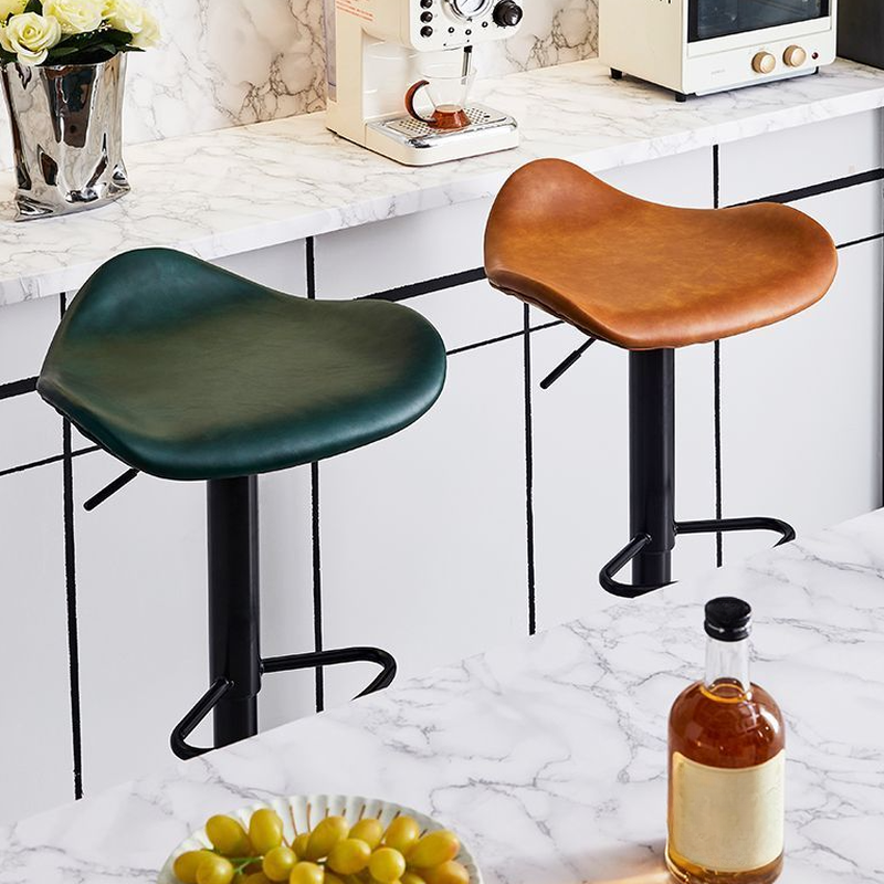 Art Deco Pub Stool with Adjustable Lift in Rawhide, Dark Blue/Emerald Green/Auburn, Featuring Backrest, Rotatable Horse Seat