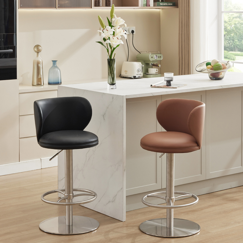 Art Deco Adjustable Lift Rawhide Pub Stool in Light Gray/Chalk/Auburn with Backrest, Rotatable Round Top