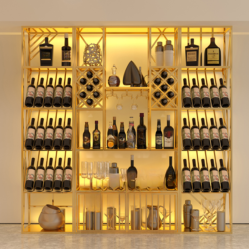 Iron Floor Bottle Storage Rack with Glass Rack Shelf