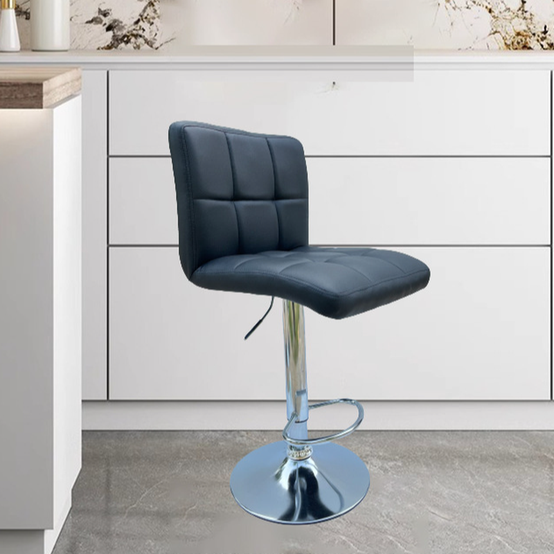 Art Deco Pub Stool with Adjustable Lift in Black Rawhide, Rotatable Rectangular Seat, Button-tufted Design