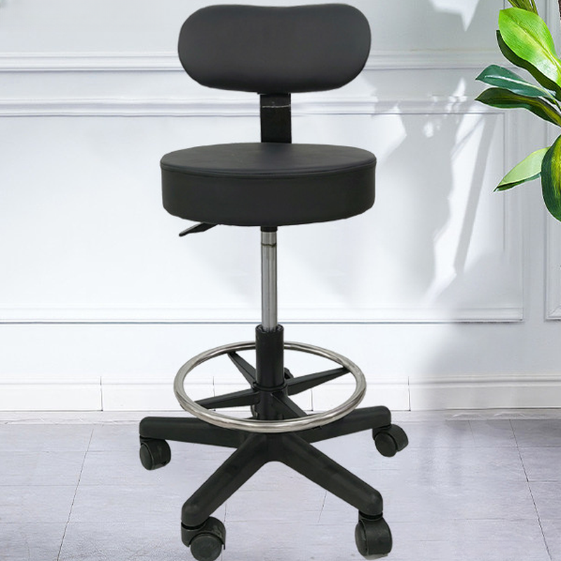 Art Deco Adjustable Lift Black Rawhide Round Top Pub Stool with Backrest and Rotatable Swivel