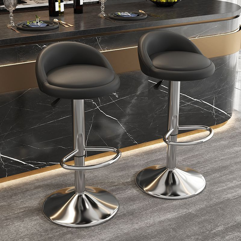 Art Deco Adjustable Lift Rawhide Black Pub Stool with Backrest, Rotatable Round Top Seat