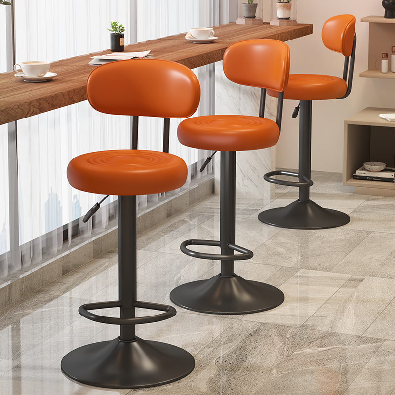 Art Deco Adjustable Lift Rawhide Amber Colour Pub Stool with Backrest, Rotatable Round Top