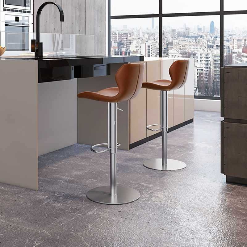 Art Deco Adjustable Lift Pub Stool with Upholstered/Rawhide Horse Seat in Light Gray/Mint Green/Ivory, Backrest, and Rotatable Swivel