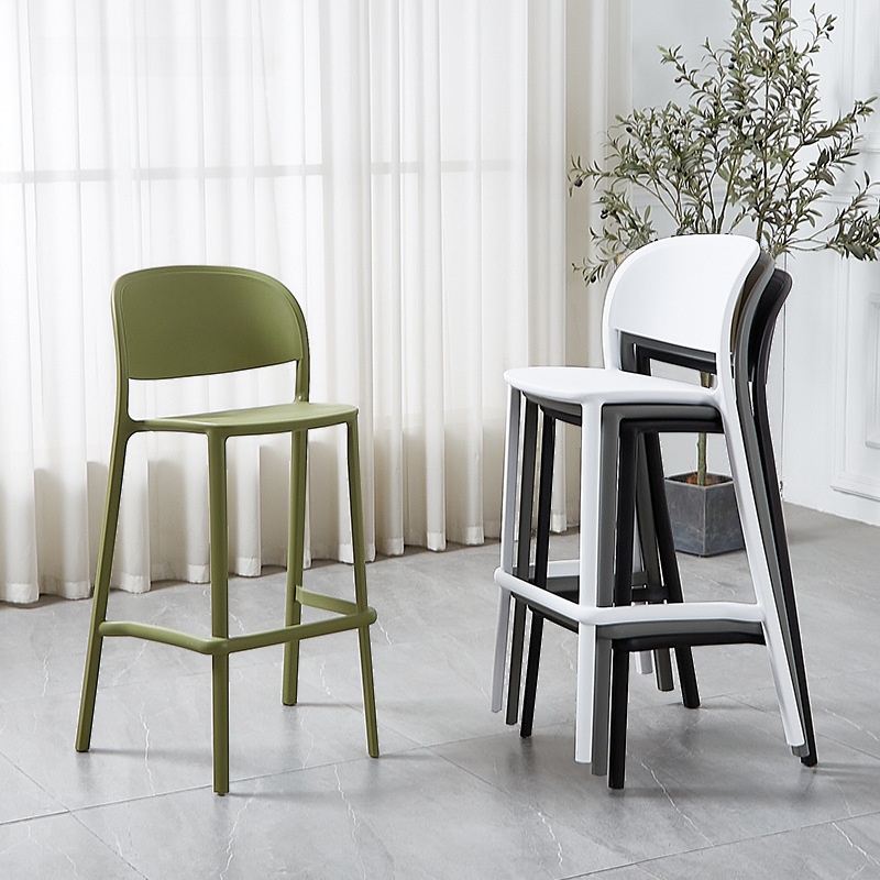 Art Deco Polymer Compound Pub Stool in Black/Gray/Light Green with Backrest, Nestable Quadrilateral Seat, and Foot Support