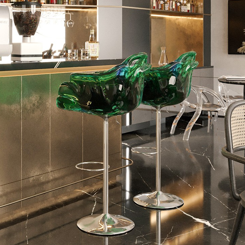 Art Deco/Glam Adjustable Lift Black/Carnation/Amber Colour Pub Stool with Arm, Rotatable Pail Seat, and Metal Frame