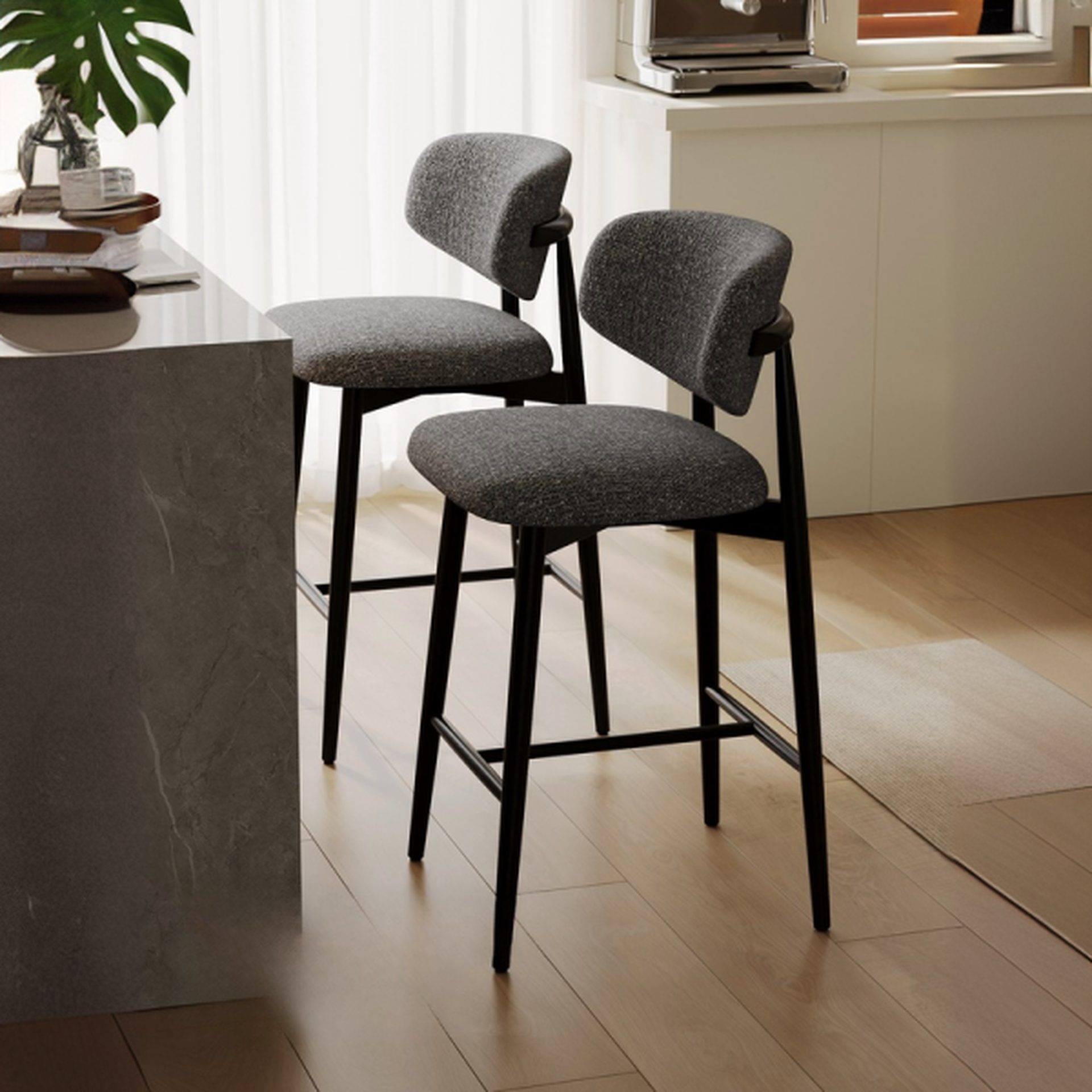 Art Deco Midnight Black Upholstered Pub Stool with Backrest, Foot Support, and Four Legs