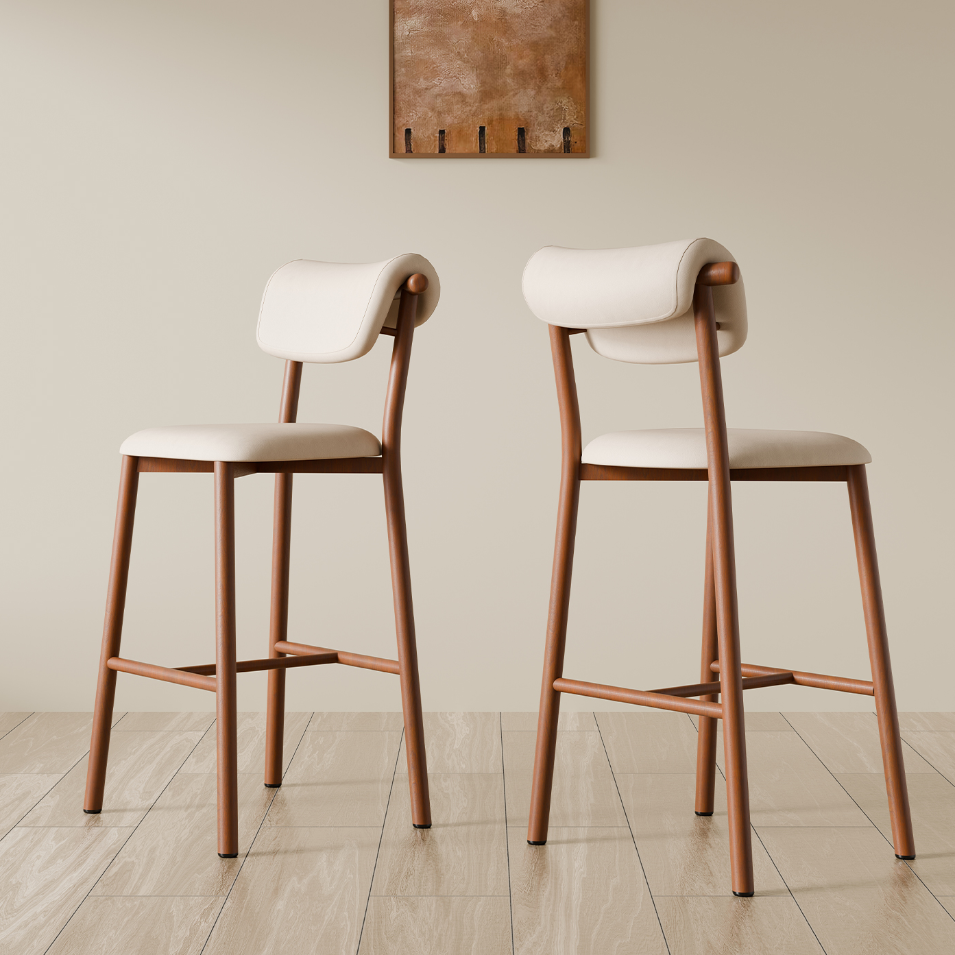 Art Deco Rawhide Pub Stool in Black/Gray/Auburn with Backrest and Rectangular Seat Featuring Foot Support