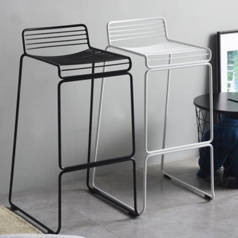 Art Deco Iron Pub Stool in Black/Chalk with Backrest, Quadrilateral Seat and Foot Support