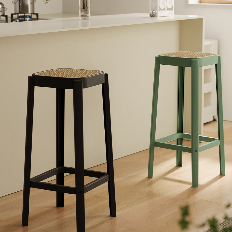 Art Deco Pub Stool with Midnight Black/Clay/Light Green Base, Polymer Compound Quadrilateral Seat and Foot Support