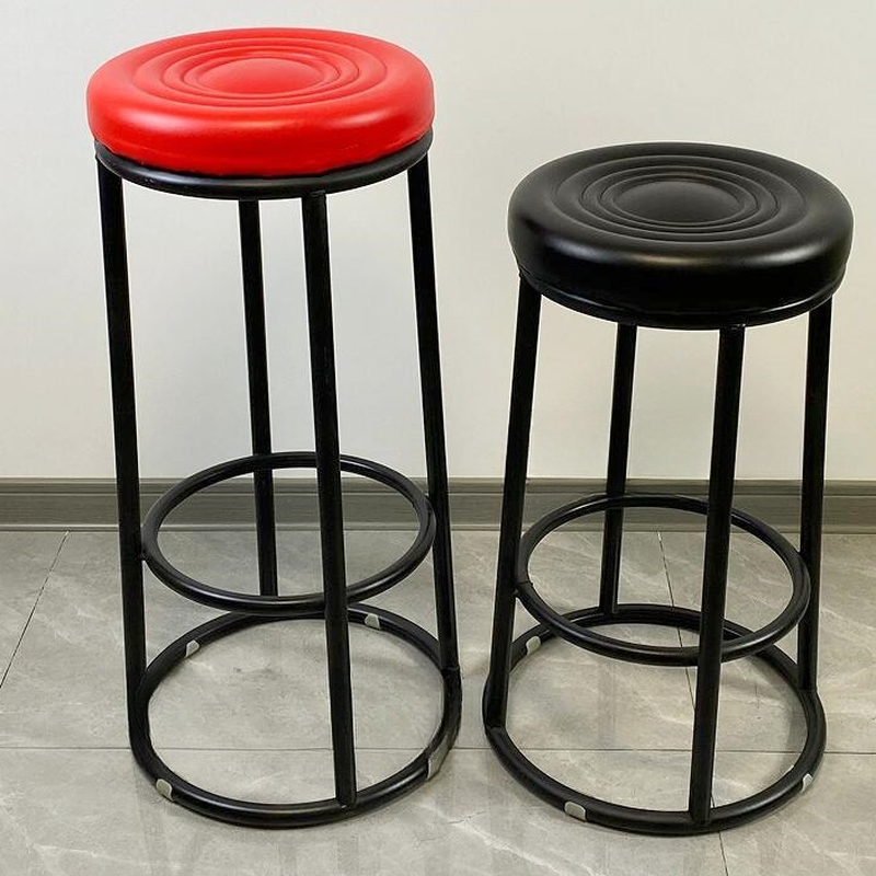 Nestable Art Deco Rawhide Pub Stool in Black/Burgundy/Dark Blue with Round Top and Foot Support