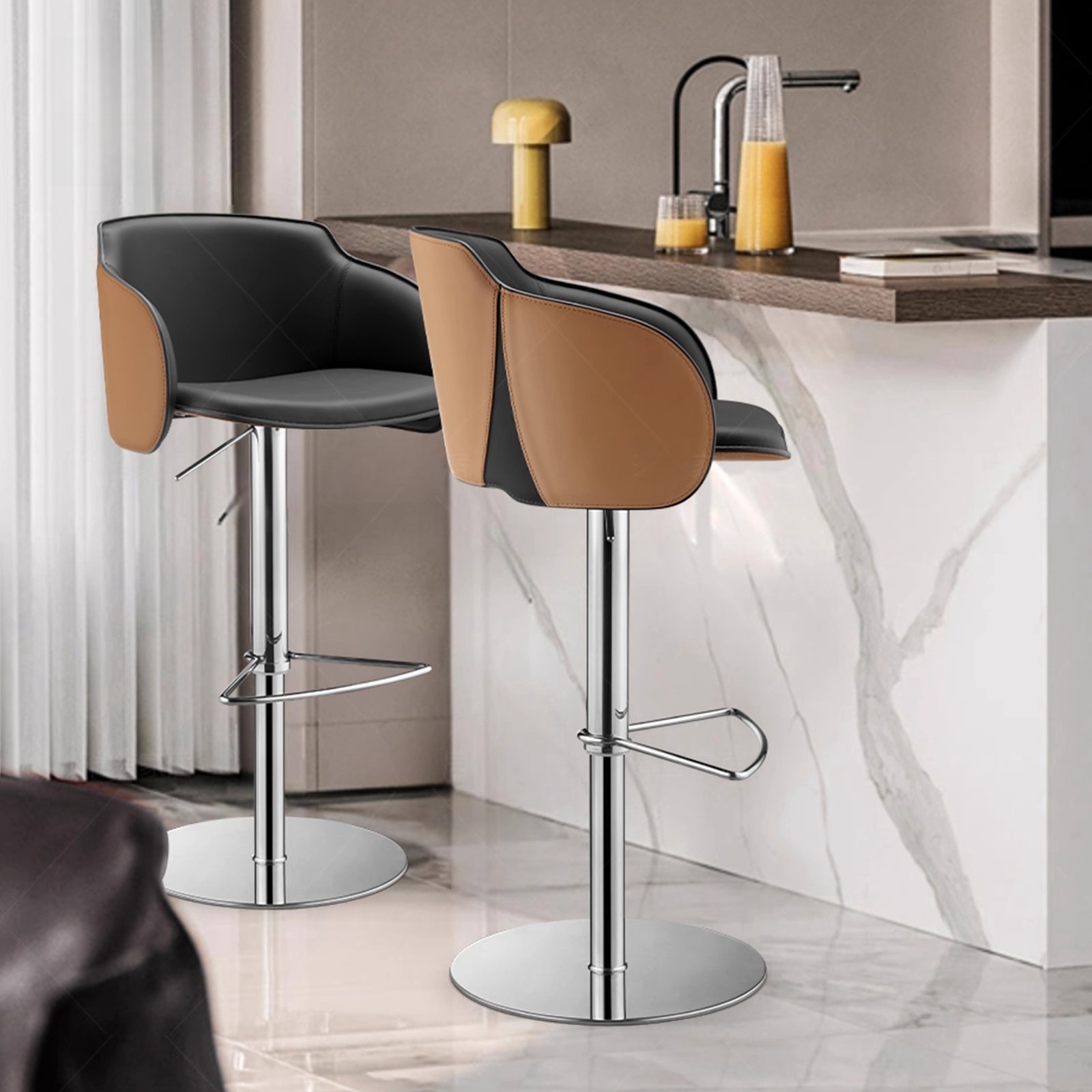 Adjustable Lift Rawhide Pub Stool in Black/Amber with Arm, Rotatable Pail Seat and Compressed Air Power