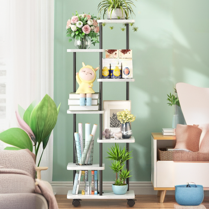 Contemporary Rectangle Multi-Level Plant Holder with Engineered Wood Top and 8/7/6 Shelves on Roller Wheels