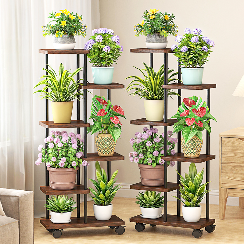 Rectangle Multi-Level Plant Holder with Engineered Wood Top and 8/7/6 Shelves on Roller Wheels