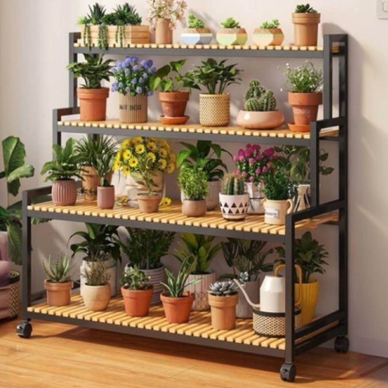 Contemporary Rectangle Multi-Level Plant Holder with Engineered Wood Top and Roller Wheels