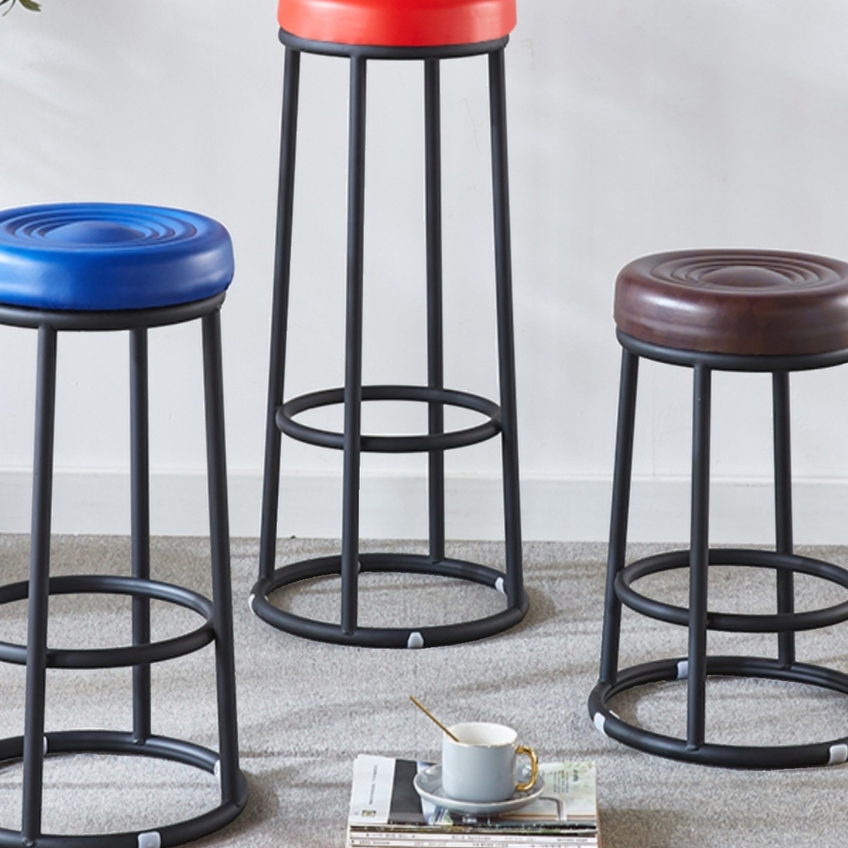 Art Deco Azure Rawhide Pub Stool with Nestable Round Top and Foot Support