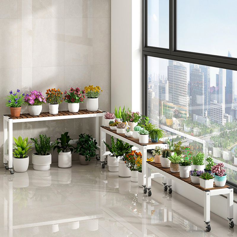 Contemporary Rectangle Plant Holder with Engineered Wood Top and Roller Wheels